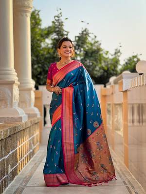 Skyblue soft paithani silk blend meenakari weaving saree with unstitched blouse 1