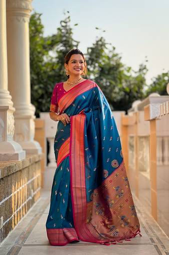 Skyblue soft paithani silk blend meenakari weaving saree with unstitched blouse