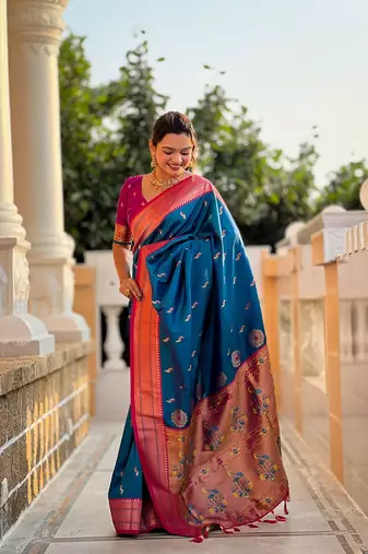 Skyblue soft paithani silk blend meenakari weaving saree with unstitched blouse