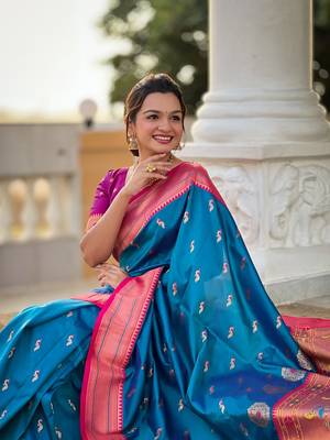 Skyblue soft paithani silk blend meenakari weaving saree with unstitched blouse 4