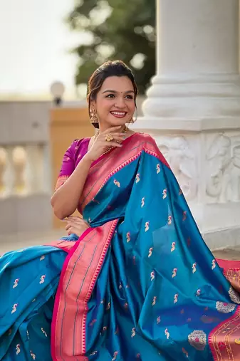 Skyblue soft paithani silk blend meenakari weaving saree with unstitched blouse