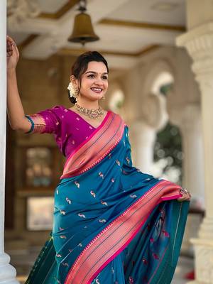 Skyblue soft paithani silk blend meenakari weaving saree with unstitched blouse 5