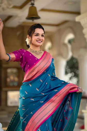 Skyblue soft paithani silk blend meenakari weaving saree with unstitched blouse