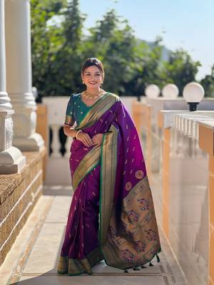 Wine soft paithani silk blend meenakari weaving saree with unstitched blouse 1