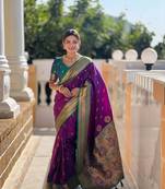 Wine soft paithani silk blend meenakari weaving saree with unstitched blouse