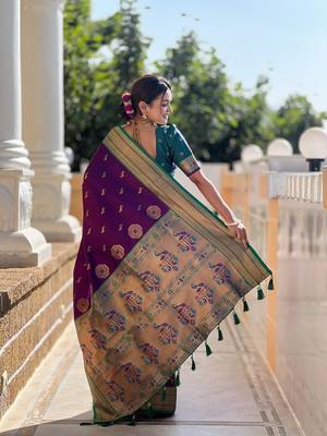 Wine soft paithani silk blend meenakari weaving saree with unstitched blouse 2