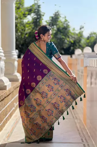 Wine soft paithani silk blend meenakari weaving saree with unstitched blouse