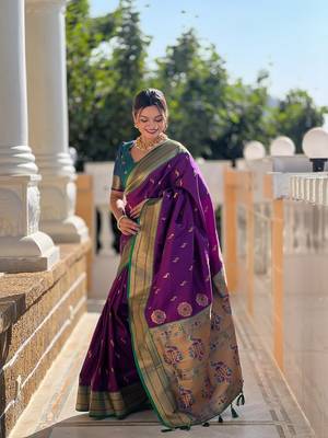 Wine soft paithani silk blend meenakari weaving saree with unstitched blouse 3