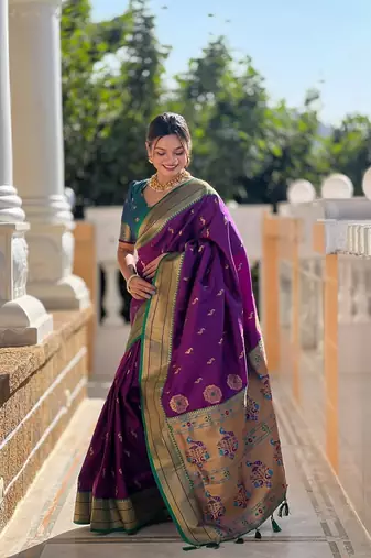 Wine soft paithani silk blend meenakari weaving saree with unstitched blouse