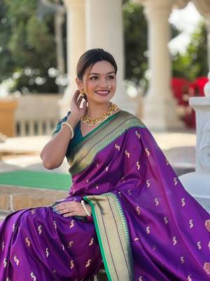 Wine soft paithani silk blend meenakari weaving saree with unstitched blouse 5