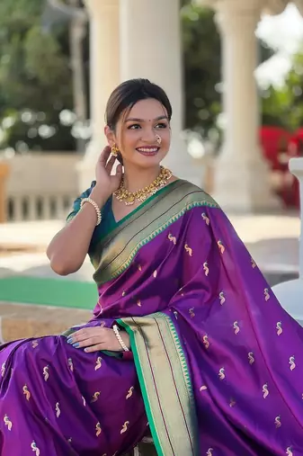 Wine soft paithani silk blend meenakari weaving saree with unstitched blouse