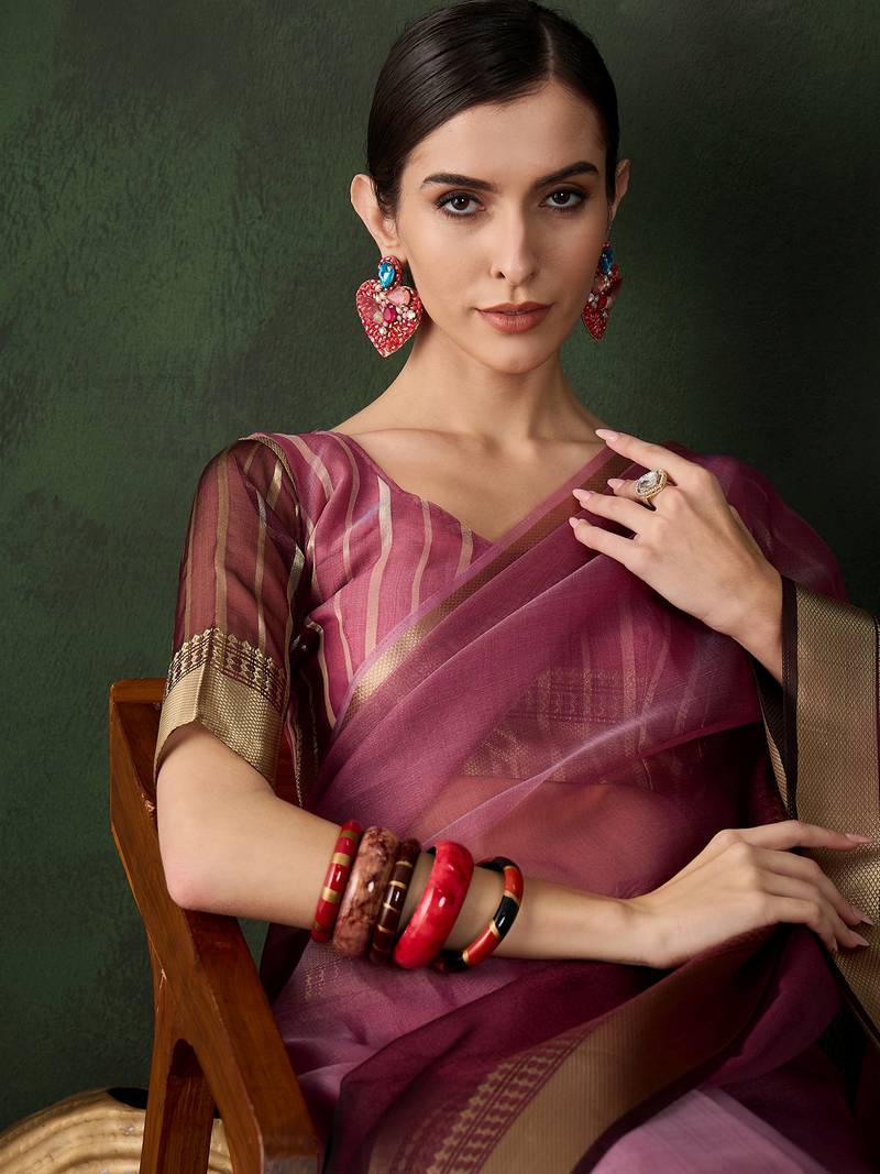 wine Khadi Organza Jacquard Saree 