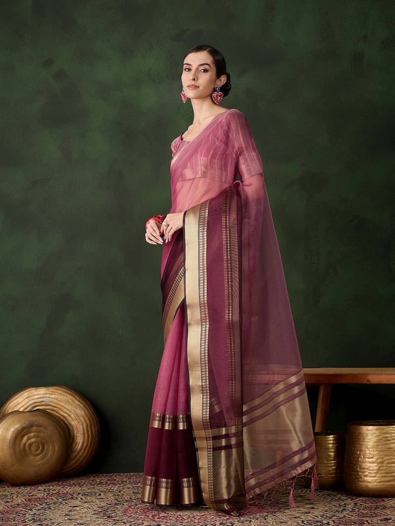 wine Khadi Organza Jacquard Saree 