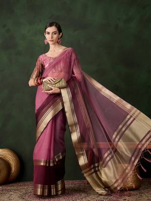 wine Khadi Organza Jacquard Saree  4