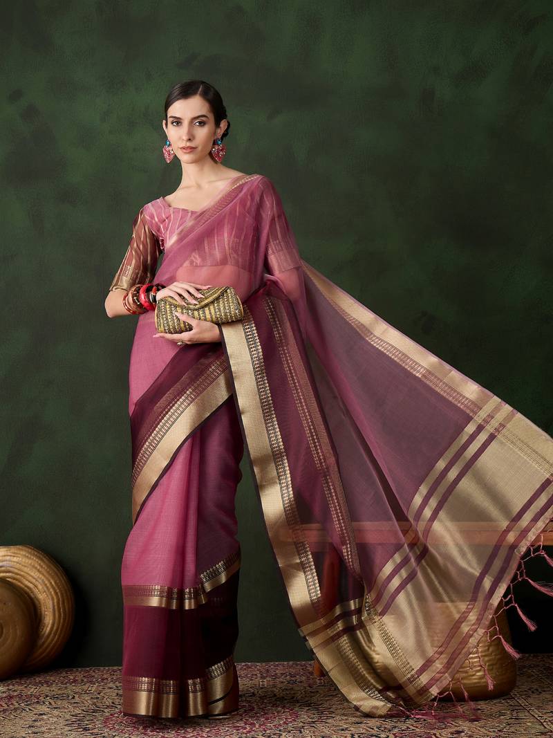 wine Khadi Organza Jacquard Saree 