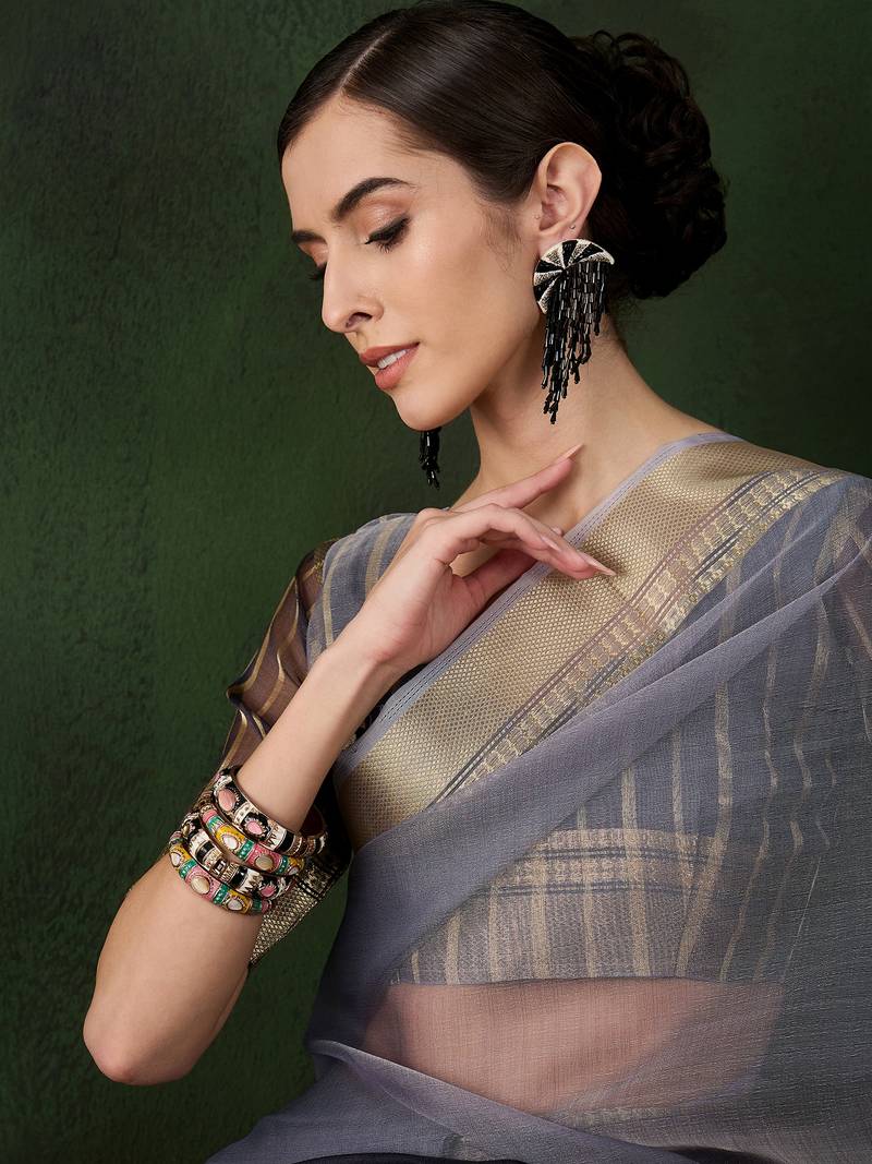 grey Khadi Organza Jacquard Saree 