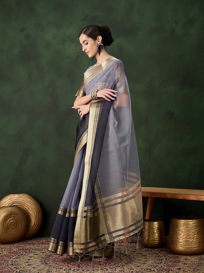 grey Khadi Organza Jacquard Saree 