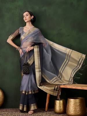 grey Khadi Organza Jacquard Saree  4