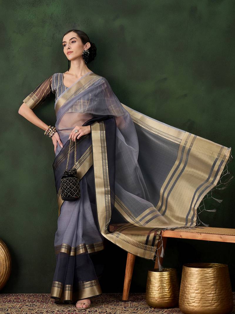 grey Khadi Organza Jacquard Saree 