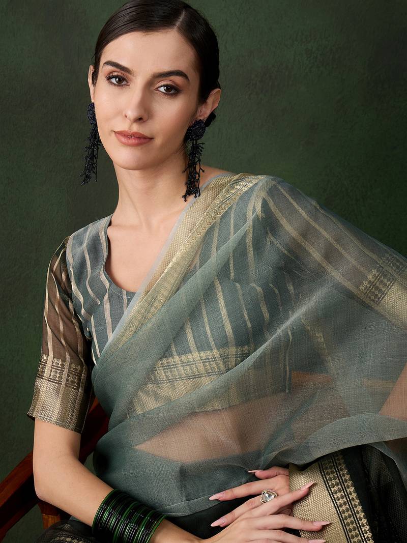 green Khadi Organza Jacquard Saree 