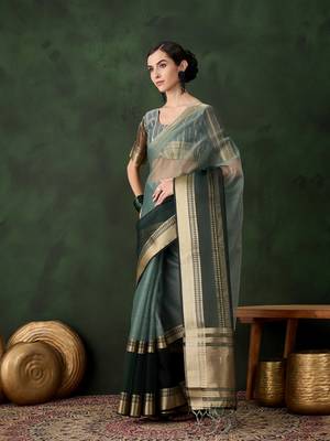 green Khadi Organza Jacquard Saree  3