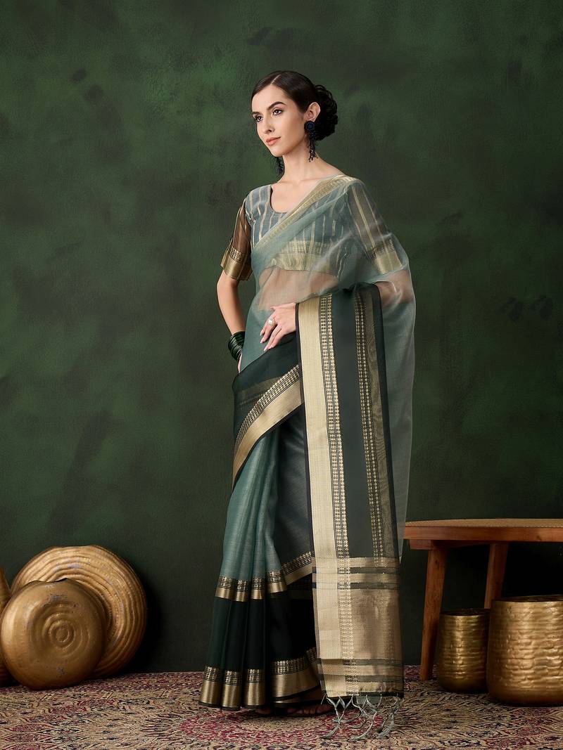 green Khadi Organza Jacquard Saree 