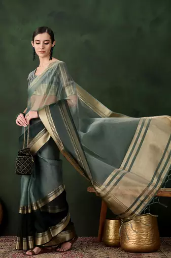 green Khadi Organza Jacquard Saree 