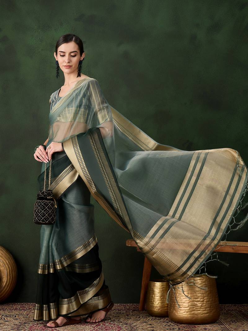 green Khadi Organza Jacquard Saree 
