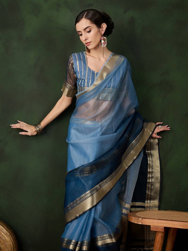 blue Khadi Organza Jacquard Saree 