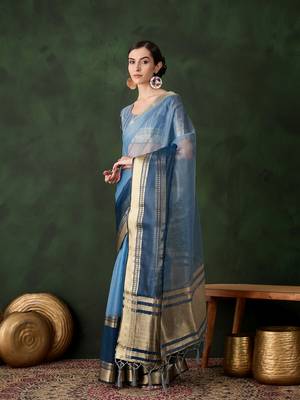 blue Khadi Organza Jacquard Saree  4