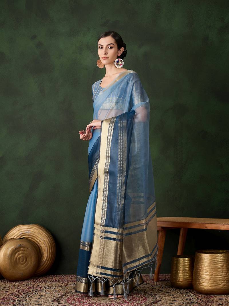 blue Khadi Organza Jacquard Saree 