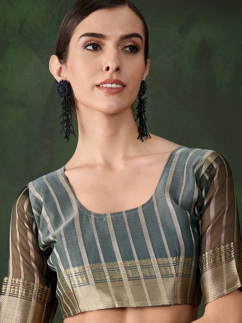 green Khadi Organza Jacquard Saree 