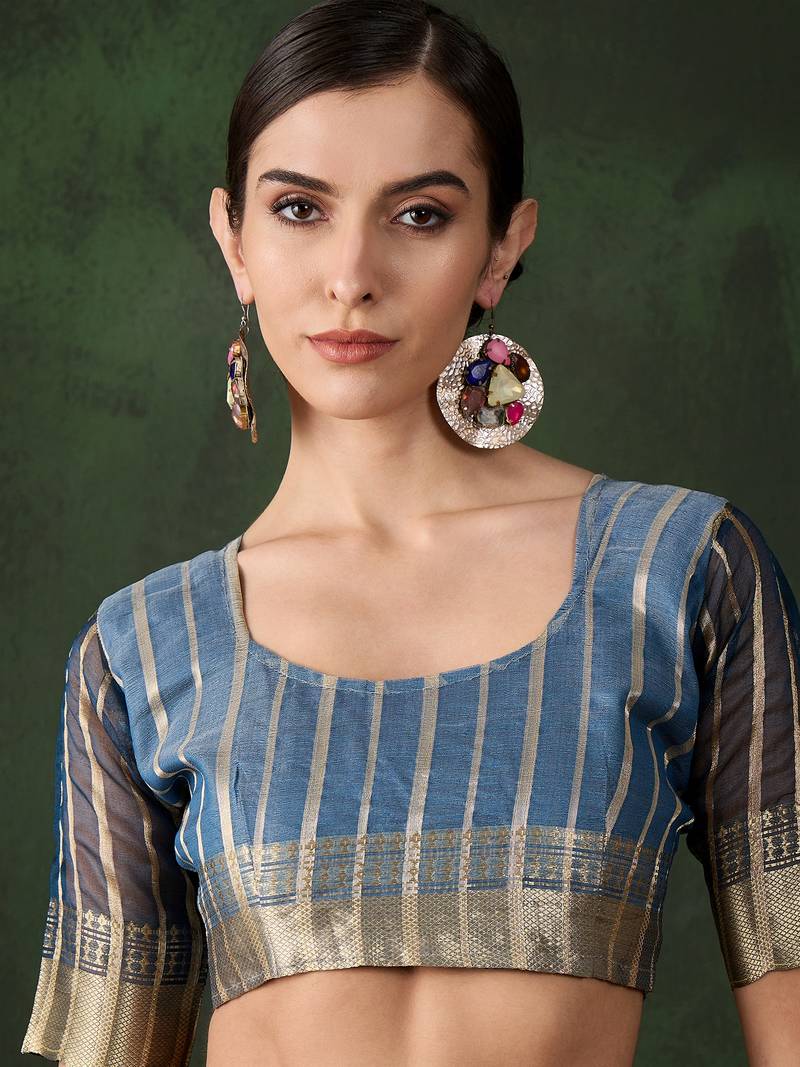 blue Khadi Organza Jacquard Saree 