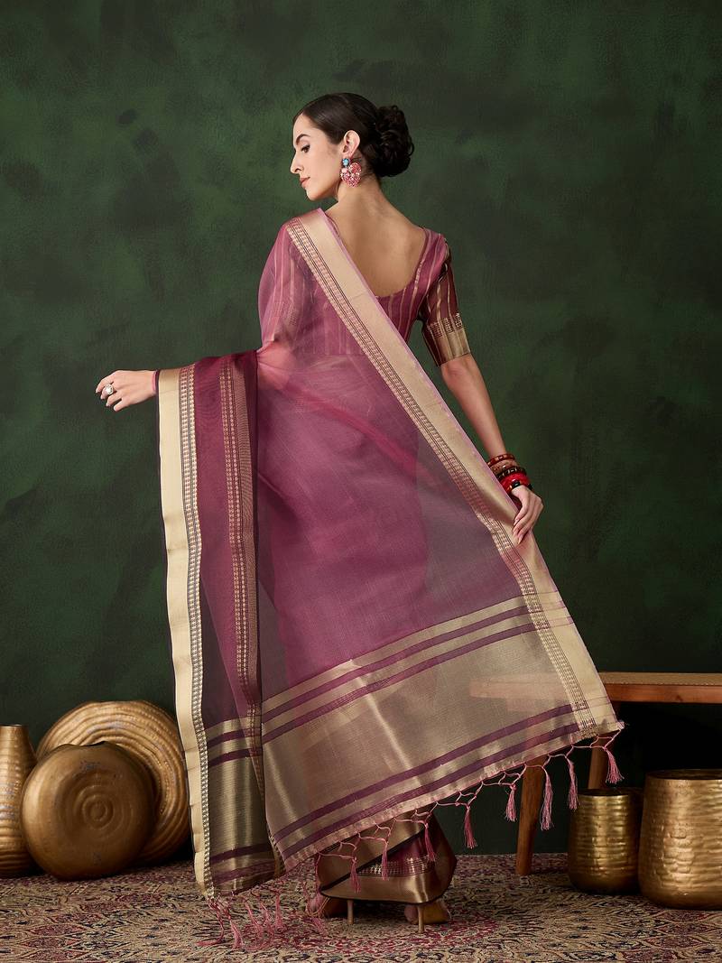 wine Khadi Organza Jacquard Saree 