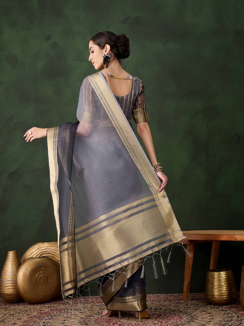 grey Khadi Organza Jacquard Saree 