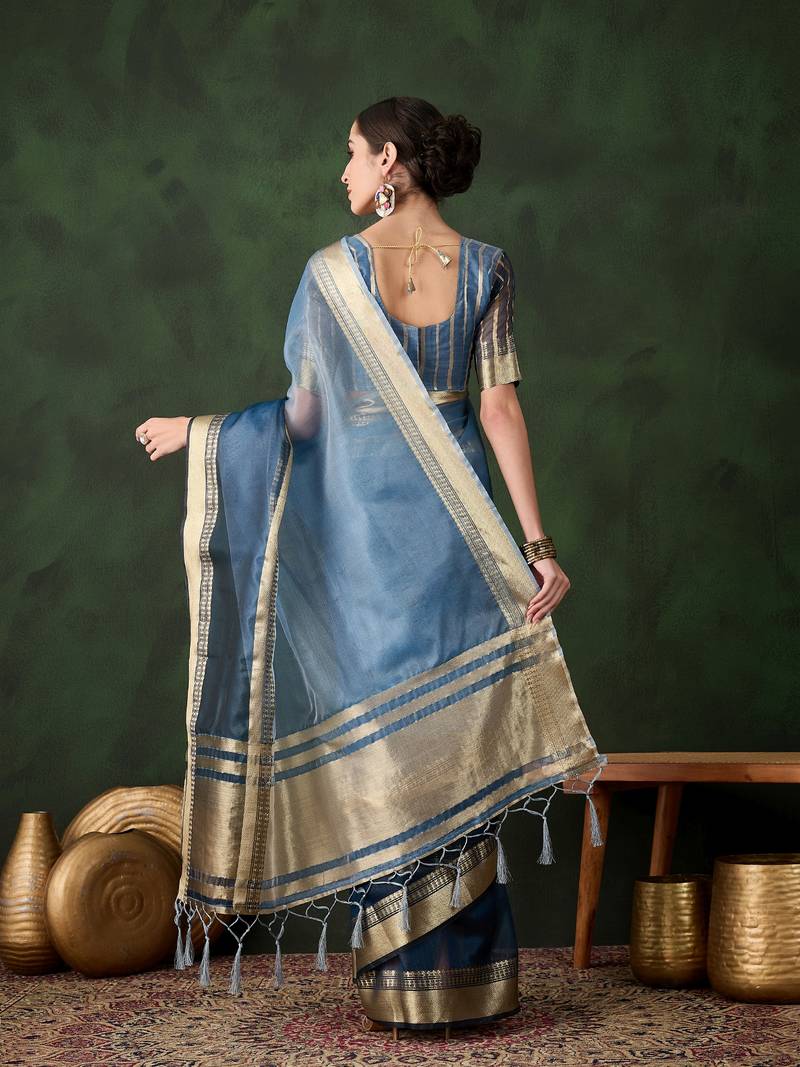 blue Khadi Organza Jacquard Saree 