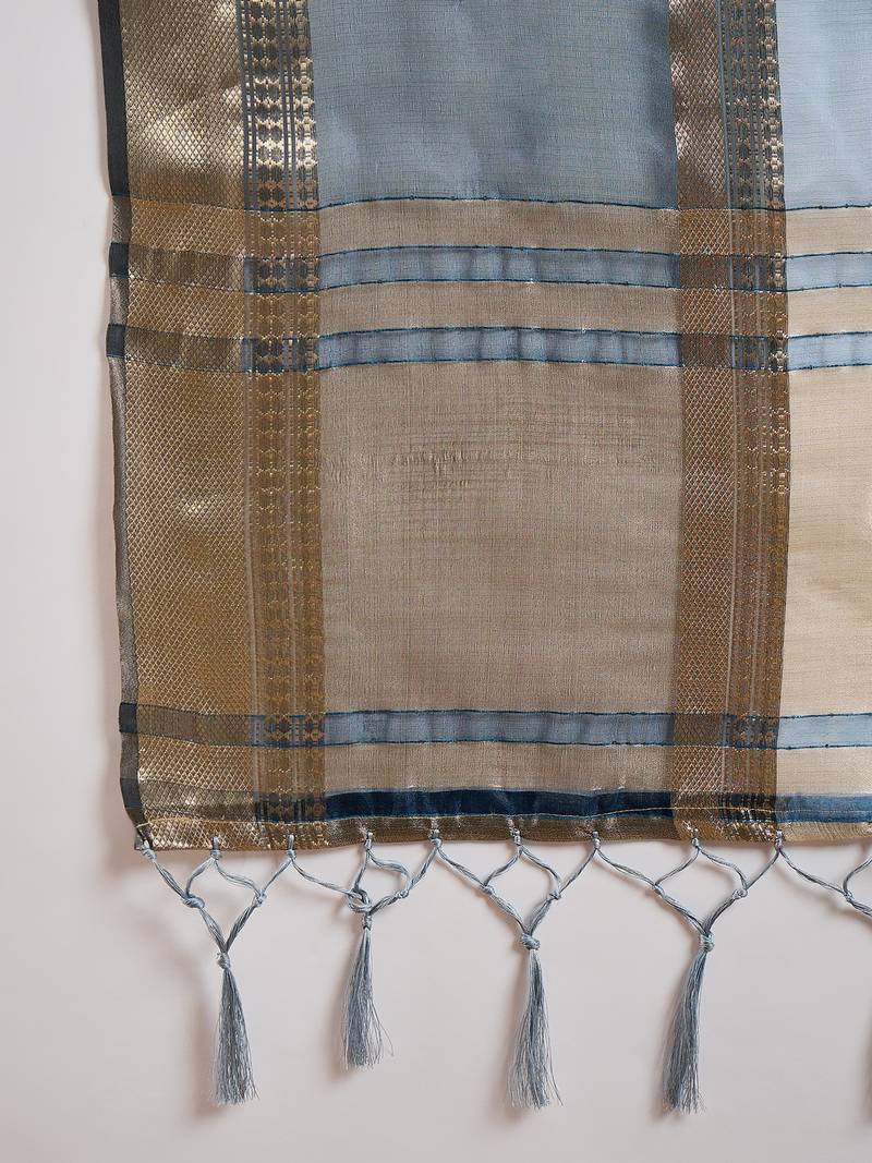 blue Khadi Organza Jacquard Saree 