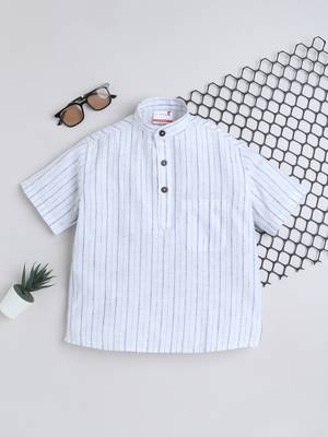 White cotton linen half sleeves striped mandarin collar style short kurta 1