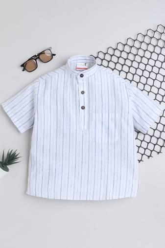 White cotton linen half sleeves striped mandarin collar style short kurta