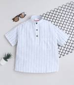 White cotton linen half sleeves striped mandarin collar style short kurta