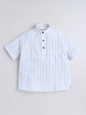 White cotton linen half sleeves striped mandarin collar style short kurta 2
