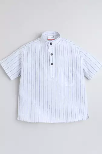 White cotton linen half sleeves striped mandarin collar style short kurta