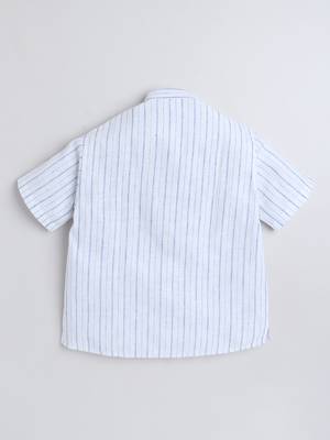 White cotton linen half sleeves striped mandarin collar style short kurta 3