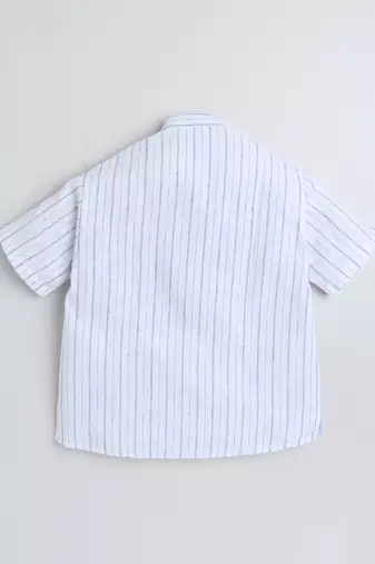 White cotton linen half sleeves striped mandarin collar style short kurta