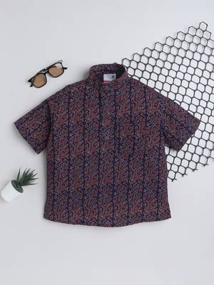 Navy blue cotton half sleeves printed mandarin collar style short kurta 1