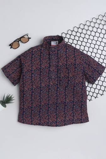 Navy blue cotton half sleeves printed mandarin collar style short kurta