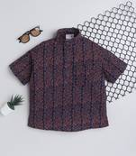 Navy blue cotton half sleeves printed mandarin collar style short kurta