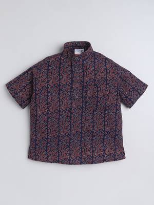 Navy blue cotton half sleeves printed mandarin collar style short kurta 2