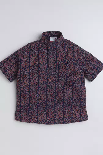 Navy blue cotton half sleeves printed mandarin collar style short kurta