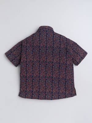 Navy blue cotton half sleeves printed mandarin collar style short kurta 3